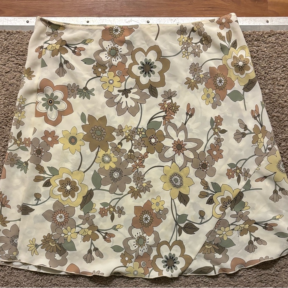 A-List Woman’s 18 Floral A-Line Skirt - Cream and Brown Sheer Fabric Ruffled Hem